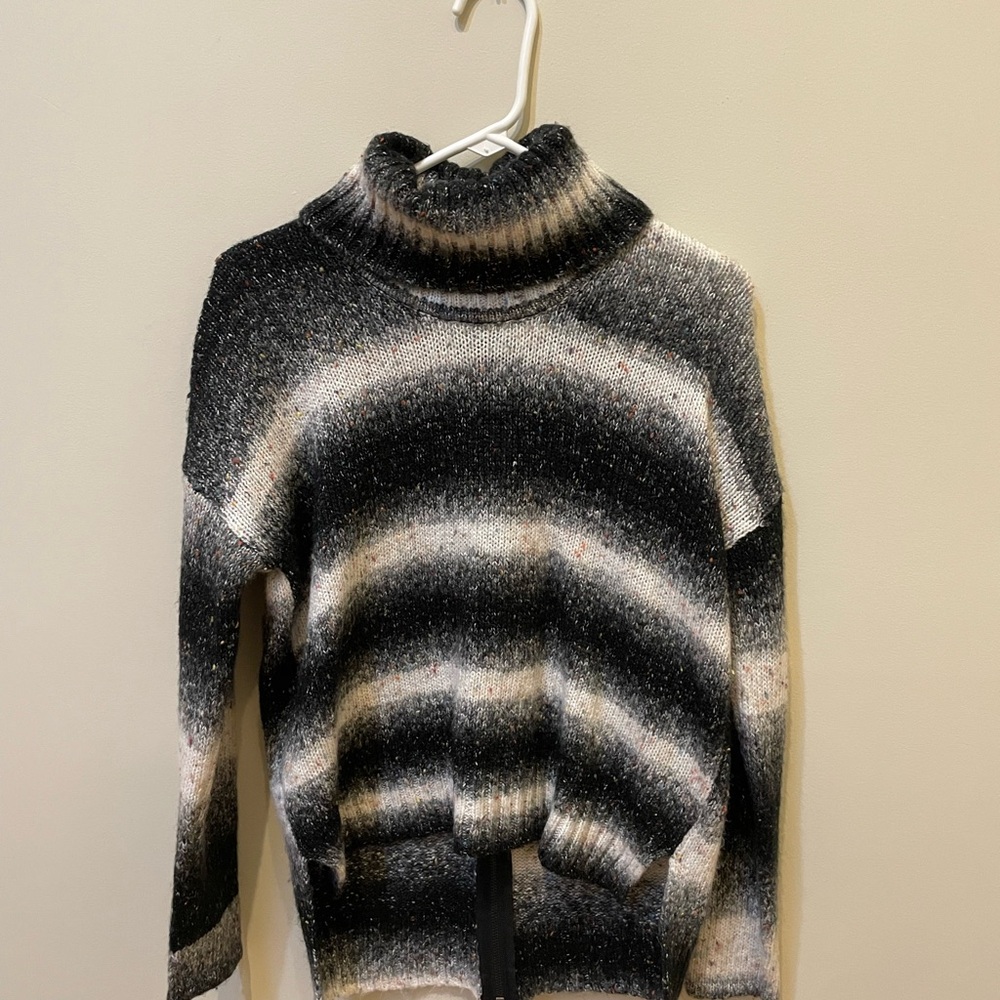 Saks Fifth Avenue Black and Gray Striped Turtleneck Sweater